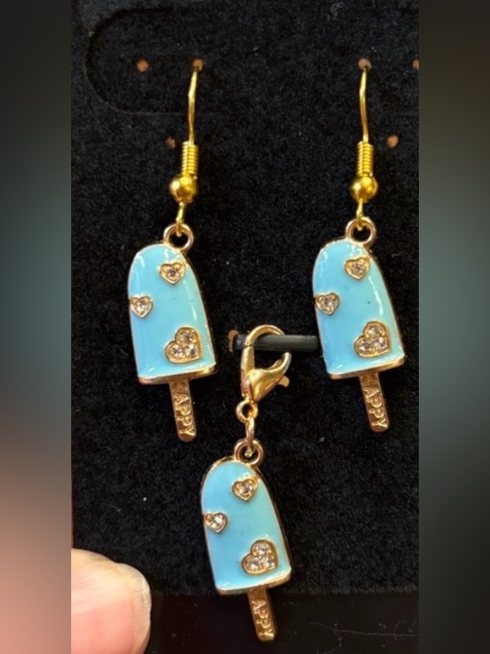New Gold n Blue Popsicle Earrings w matching charm bling hearts gold accents